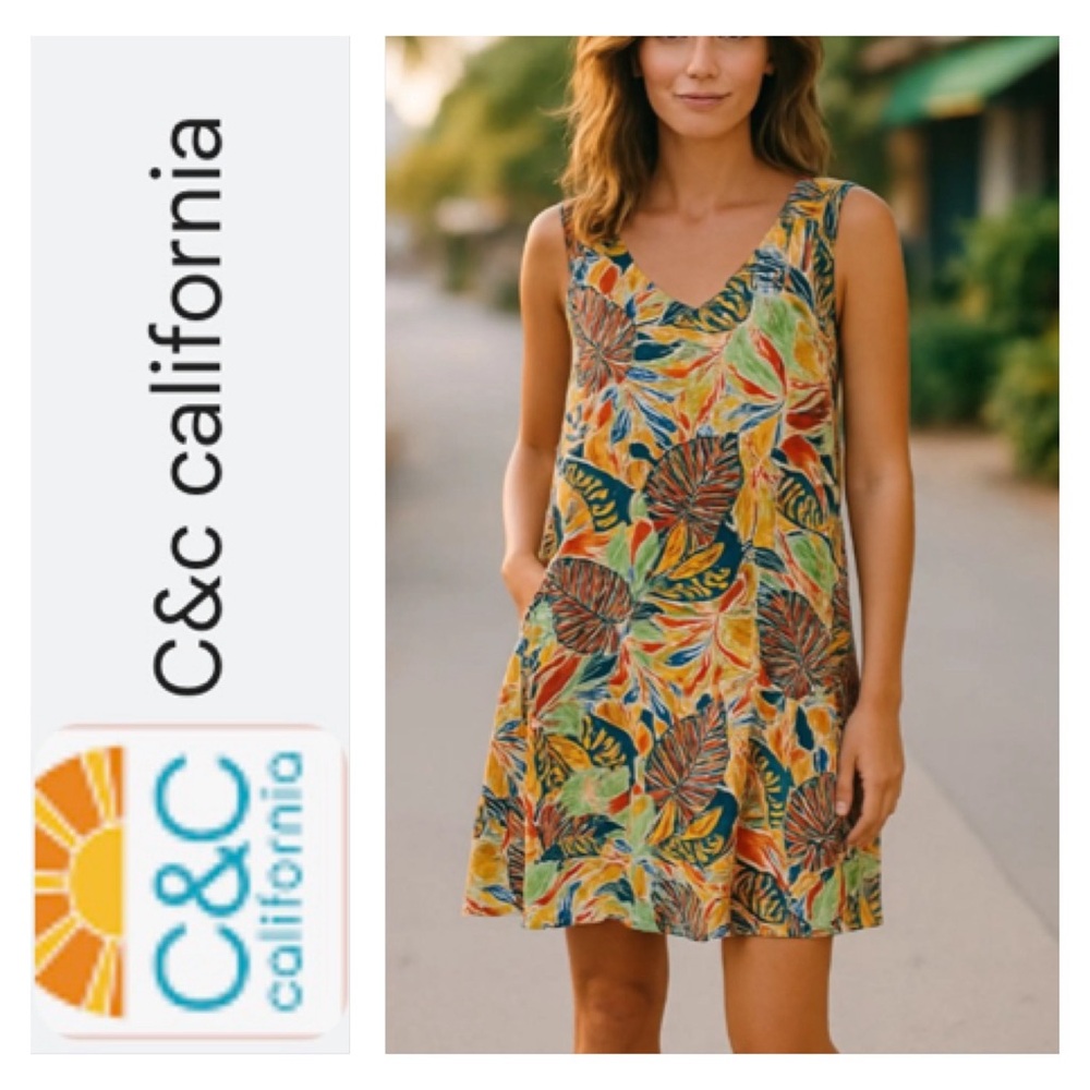 C&C California 100% Linen Sleeveless Tropical Beach Dress Pockets Small Coverup